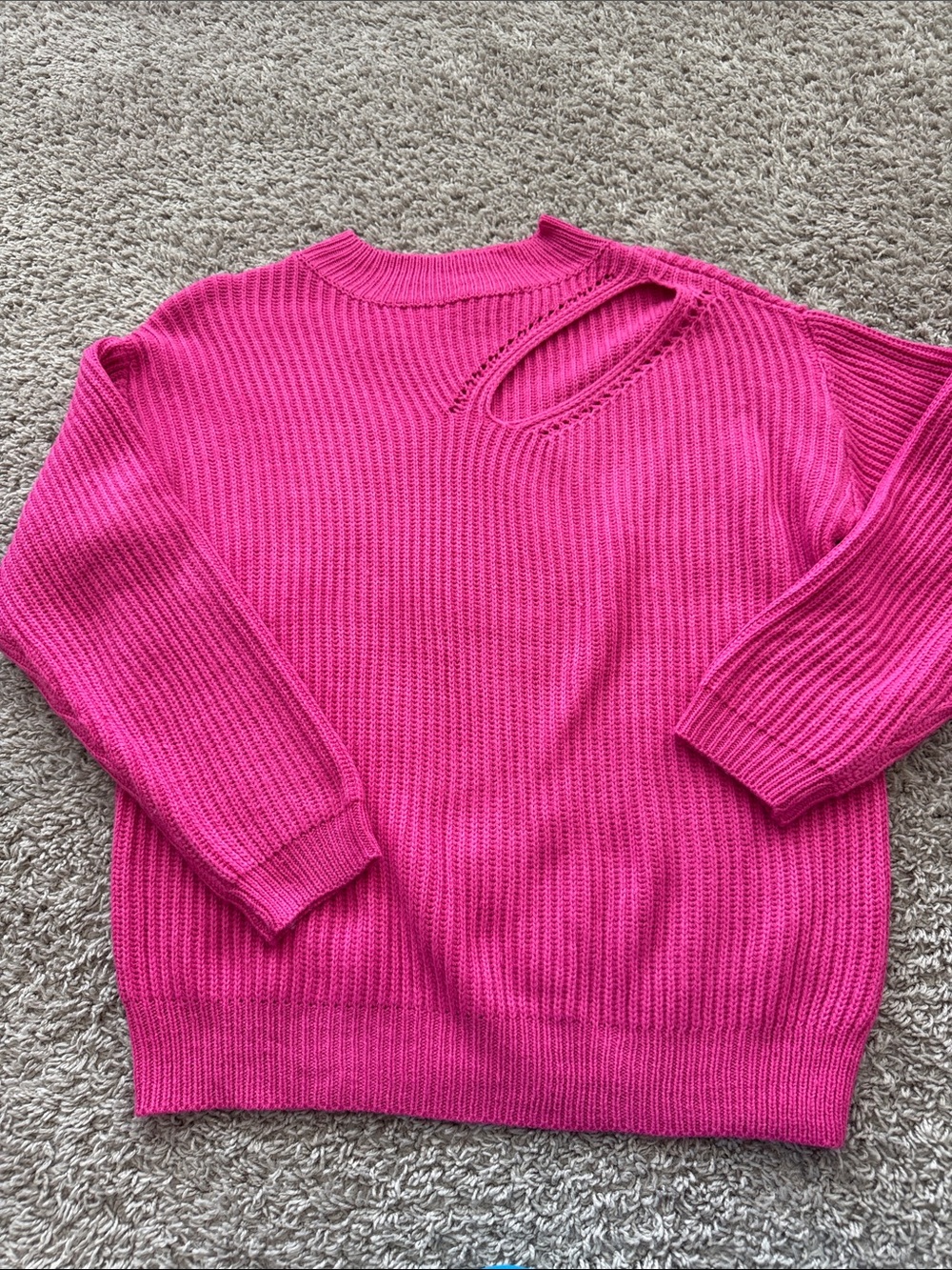 Lush Vibrant Pink Crewneck Sweater with Shoulder Cutout